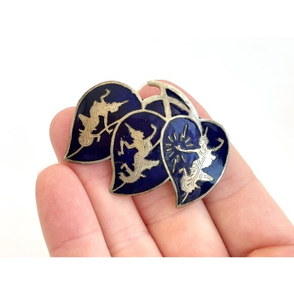 Blue Enamel Triple Leaf Ramasoon & Mekkala Siam Sterling Silver Vintage Brooch - Picture 8 of 10